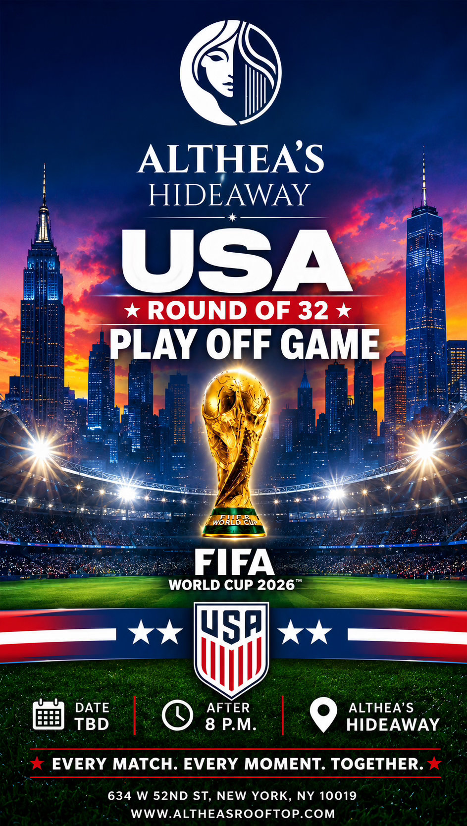 World Cup 2026 Watch Party at Althea’s Hideaway Rooftop & Lounge NYC: USA PLAY OFF GAME